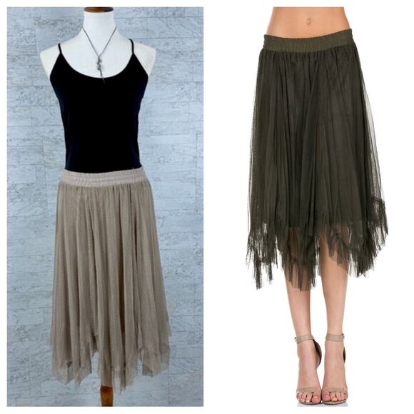 O2 Collection tan swiss dot sheer mesh handkerchief tulle midi skirt - Picture 1 of 7